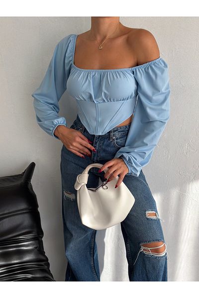 QUTTA Baby Blue Crop μπλούζα με μανίκι και σωλήνες από ύφασμα κατάδυσης