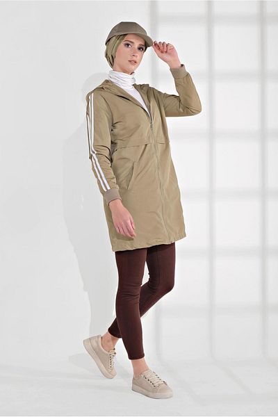 TRENDTESETTÜR Γυναικείο καφέ (CAMEL) με ριγέ λεπτομέρεια με κουκούλα καμπαρντίνα 3608
