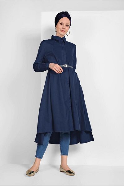 TRENDTESETTÜR Women's Navy Blue Men's Collar Buttoned Tunic 50915