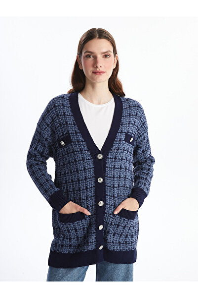 LC Waikiki Blue V-Neck Plaid Women's Knitwear Cardigan