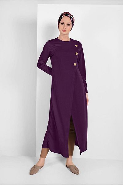 TRENDTESETTÜR Women's Plum Asymmetrical Cut Button Detailed Tunic 4616