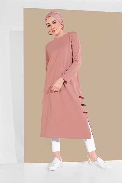 TRENDTESETTÜR Women's Pink (A.ROSE) Side Parts Piping Detailed Tunic 95805