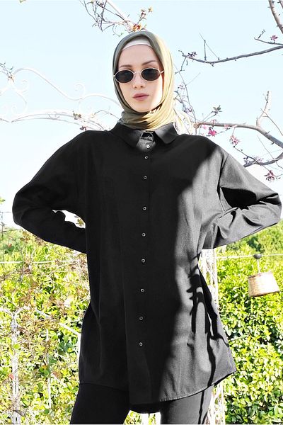 TRENDTESETTÜR Women's Black Buttoned Men's Collar Tunic 0311