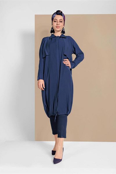 TRENDTESETTÜR Γυναικεία καμπαρντίνα Navy Blue (INDIGO) με ελαστική άκρη φούστας 1403
