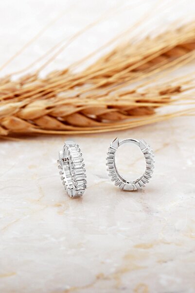 Sümer Telkari Baget Taşlı Küçük Boy Rodyumlu Gümüş Oval Halka Küpe 7132