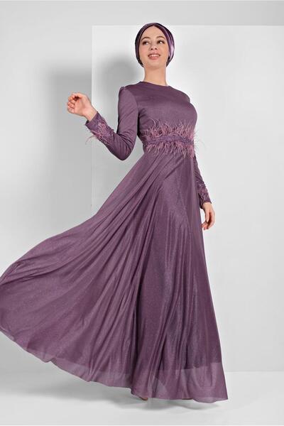 TRENDTESETTÜR KADIN MOR (A.MOR) TÜYLÜ SİMLİ ABİYE ELBİSE 7710