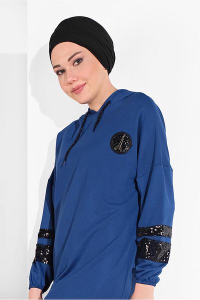 TRENDTESETTÜR Women's Navy Blue (NDIGO) Sequined Tracksuit Tunic 5606
