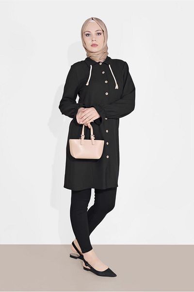 TRENDTESETTÜR Women's Black Buttoned Cuffs Elastic Tunic 4301