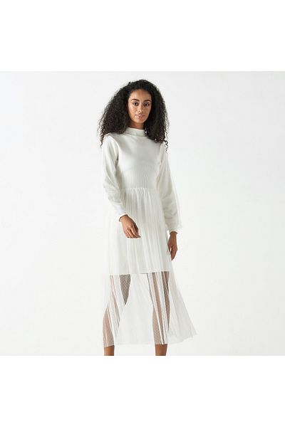 2Xtremz Mesh Textured Midi Dress with Long Sleeves and High Neck