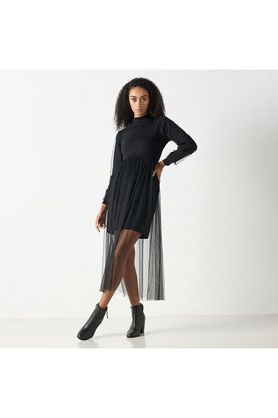 2Xtremz Mesh Textured Midi Dress with Long Sleeves and High Neck