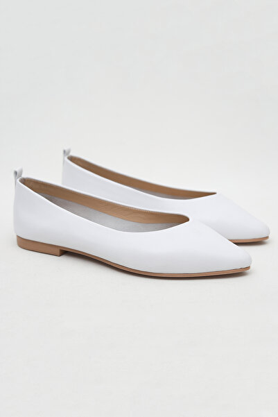 LA PASSION Kadın Hakiki Deri Sivri Burun Beyaz Babet, Günlük Kadın Babet