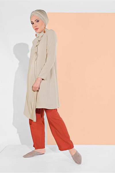 TRENDTESETTÜR Women's Beige (STONE) Turtleneck Asymmetrical Cut Tunic 3065