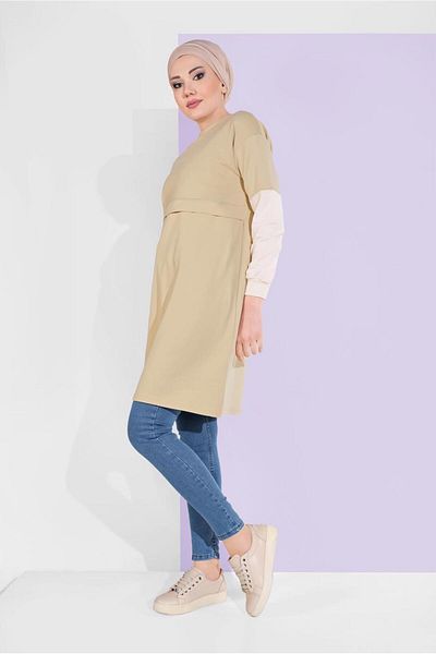 TRENDTESETTÜR Γυναικείο πράσινο (ÇAĞLA-EKRU) Μανσέτες Elastic Crew Neck Tunic 30125