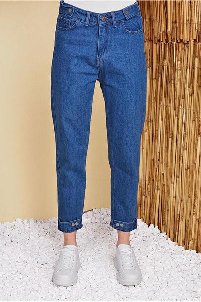 TRENDTESETTÜR Navy Blue Indigo Denim Trousers - Ankle Snap Detail, Model 023