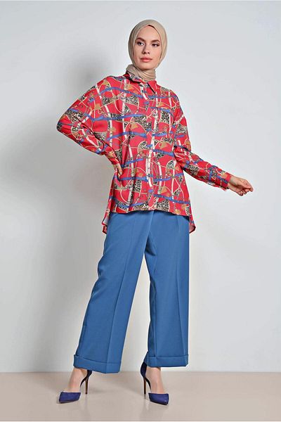 TRENDTESETTÜR Women's Red Skirt Flounce Mix Patterned Blouse 4116