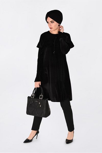 TRENDTESETTÜR Women's Black Flounced Shoulder Velvet Tunic 4789