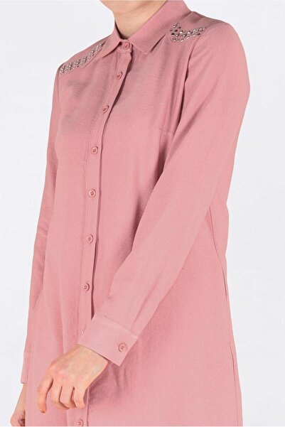 TRENDTESETTÜR Coral Color Studded Shoulder Detailed Long Women's Tunic 4669