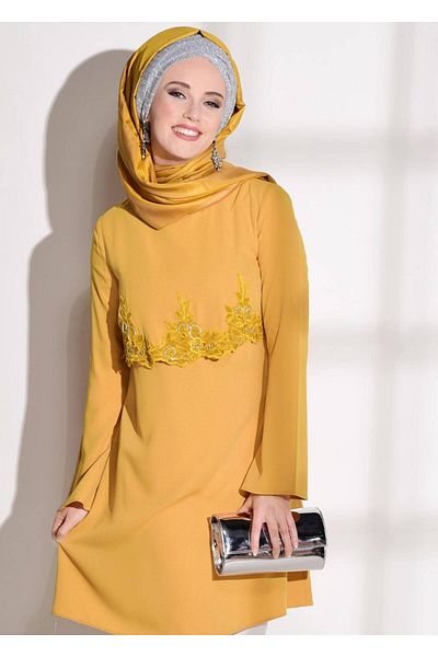 TRENDTESETTÜR Women's Orange (MUSTARD) Guipure Detailed Tunic 4430