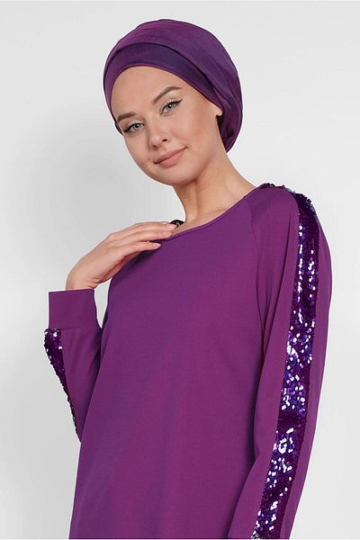 TRENDTESETTÜR Women's Purple Sleeve Sequined Tunic 4159