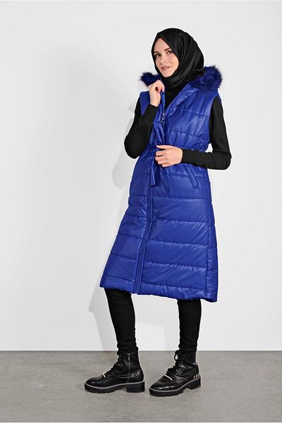 TRENDTESETTÜR Women's Navy Blue (SAKS) Hooded Puffer Vest 5687