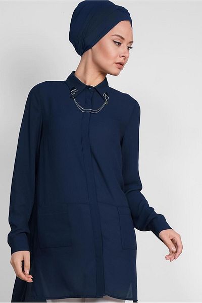TRENDTESETTÜR Women's Navy Blue Long Back Collar Accessory Detailed Tunic 4925