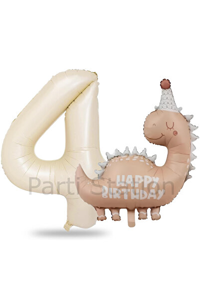 Parti Station Retro Dinozor 1 Yaş Krem Renk Rakam Balon Set Sevimli Pembe Din...