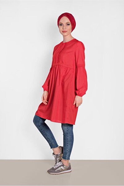 TRENDTESETTÜR Women's Red Lace Front Detailed Tunic 4471
