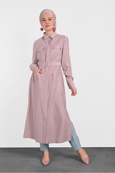 TRENDTESETTÜR Women's Powder Belted Pocket Detailed Tunic 4450