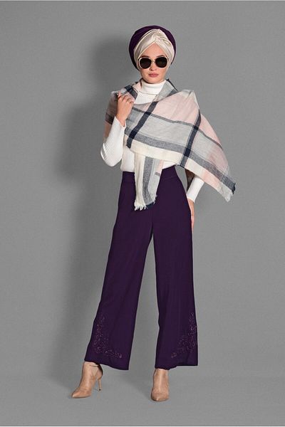 TRENDTESETTÜR Women's Purple Wide Leg Embroidery Detailed Trousers 7244
