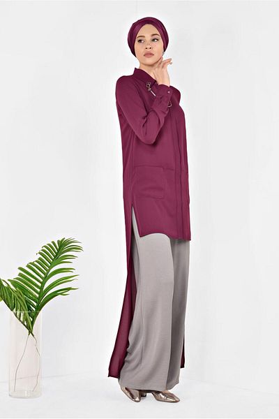 TRENDTESETTÜR Women's Purple (A.MOR) Long Back Collar Accessory Detailed Tunic 4925