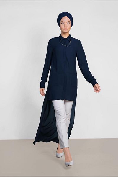 TRENDTESETTÜR Women's Navy Blue Long Back Collar Accessory Detailed Tunic 4925