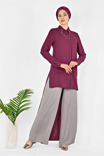 TRENDTESETTÜR Women's Purple (A.MOR) Long Back Collar Accessory Detailed Tunic 4925