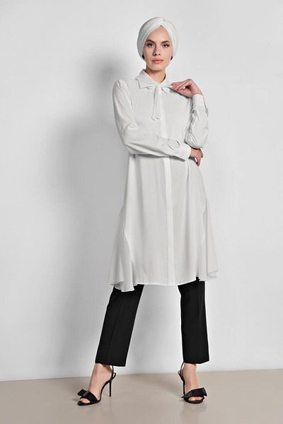 TRENDTESETTÜR Women's Cream Tunic with Tulle Detail on Sides 4060