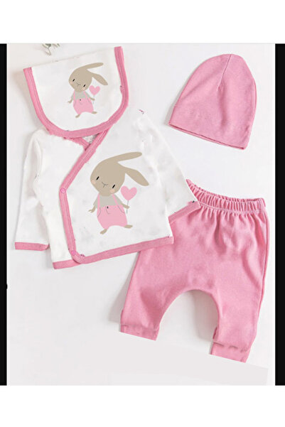 bebekpare Pink Rabbit Printed Hospital Exit Set - 100% Cotton