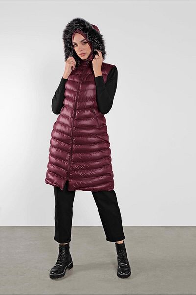TRENDTESETTÜR Burgundy Fur Hooded Women's Inflatable Vest - 673