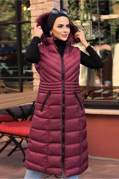 TRENDTESETTÜR Burgundy Fur Hooded Women's Inflatable Vest - 1965