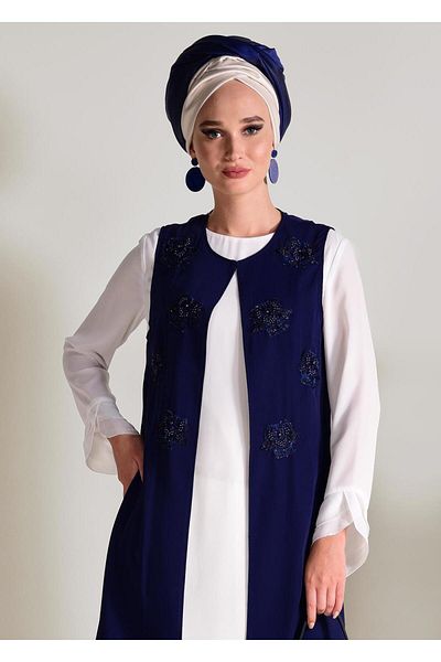 TRENDTESETTÜR Women's Navy Blue Embroidered Guipure Detailed 2-Piece Tunic 4278