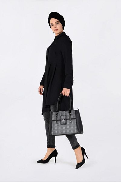 TRENDTESETTÜR Women's Black Asymmetric Cut Pleat Detailed Tunic 4706