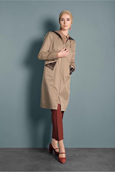 TRENDTESETTÜR Γυναικεία καφέ (CAMEL) τσέπες με παγιέτες καμπαρντίνα με κουκούλα 10125