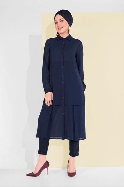 TRENDTESETTÜR Woman's Navy Blue Buttoned Chiffon Tunic T 4434
