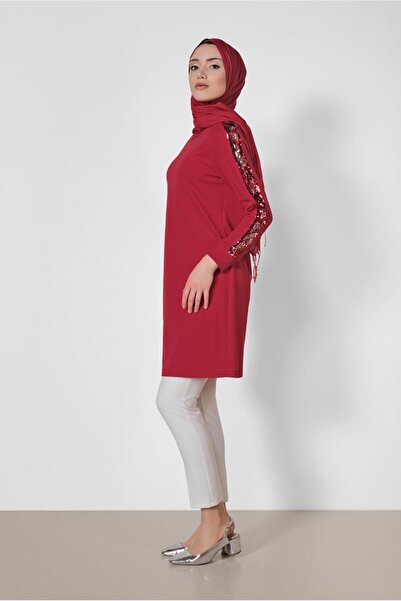 TRENDTESETTÜR Women's Red Sleeve Sequined Tunic 4159