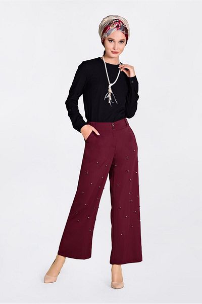 TRENDTESETTÜR Women's Burgundy Pearl Wide Leg Trousers 7372