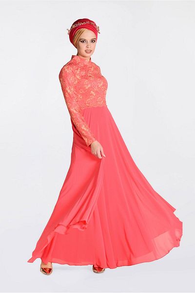 TRENDTESETTÜR Women's Coral Laced Evening Dress 5521