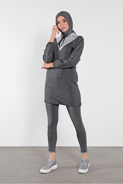 TRENDTESETTÜR Women's Gray (ANTRESIT) Hooded Lace-up Sports Tunic 0302