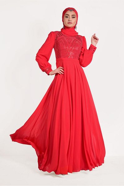 TRENDTESETTÜR Women's Coral Chiffon Evening Dress T 5426
