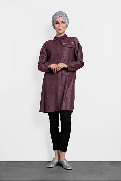 TRENDTESETTÜR Women's Plum Men's Collar Shiny Tunic 40211
