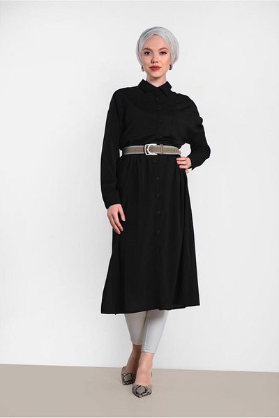 TRENDTESETTÜR Women's Black Buttoned Classic Long Tunic 4435