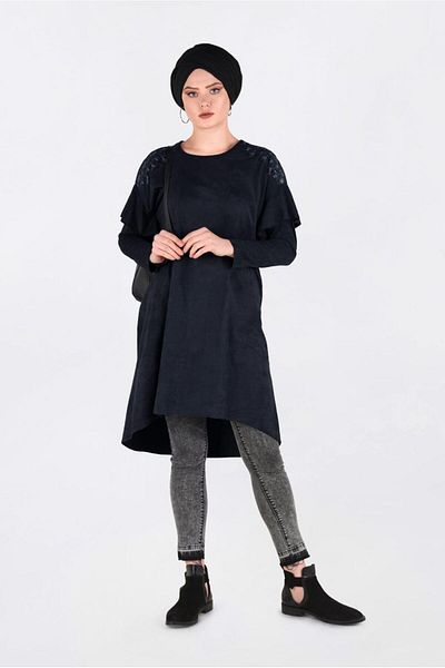 TRENDTESETTÜR Women's Black Shoulder Embroidered Flounced Tunic 4777