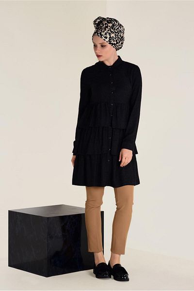 TRENDTESETTÜR Women's Black Flounced Layered Tunic 4632
