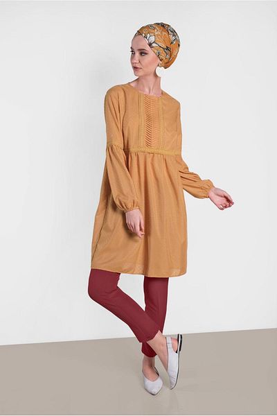 TRENDTESETTÜR Women's Orange (MUSTARD) Lace Detailed Tunic 4471